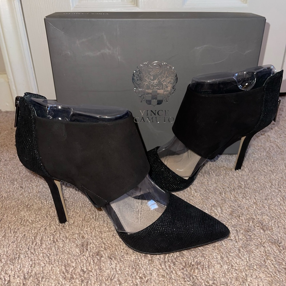 Vince Camuto heels; black studded toe, open slit with suede upper; never…